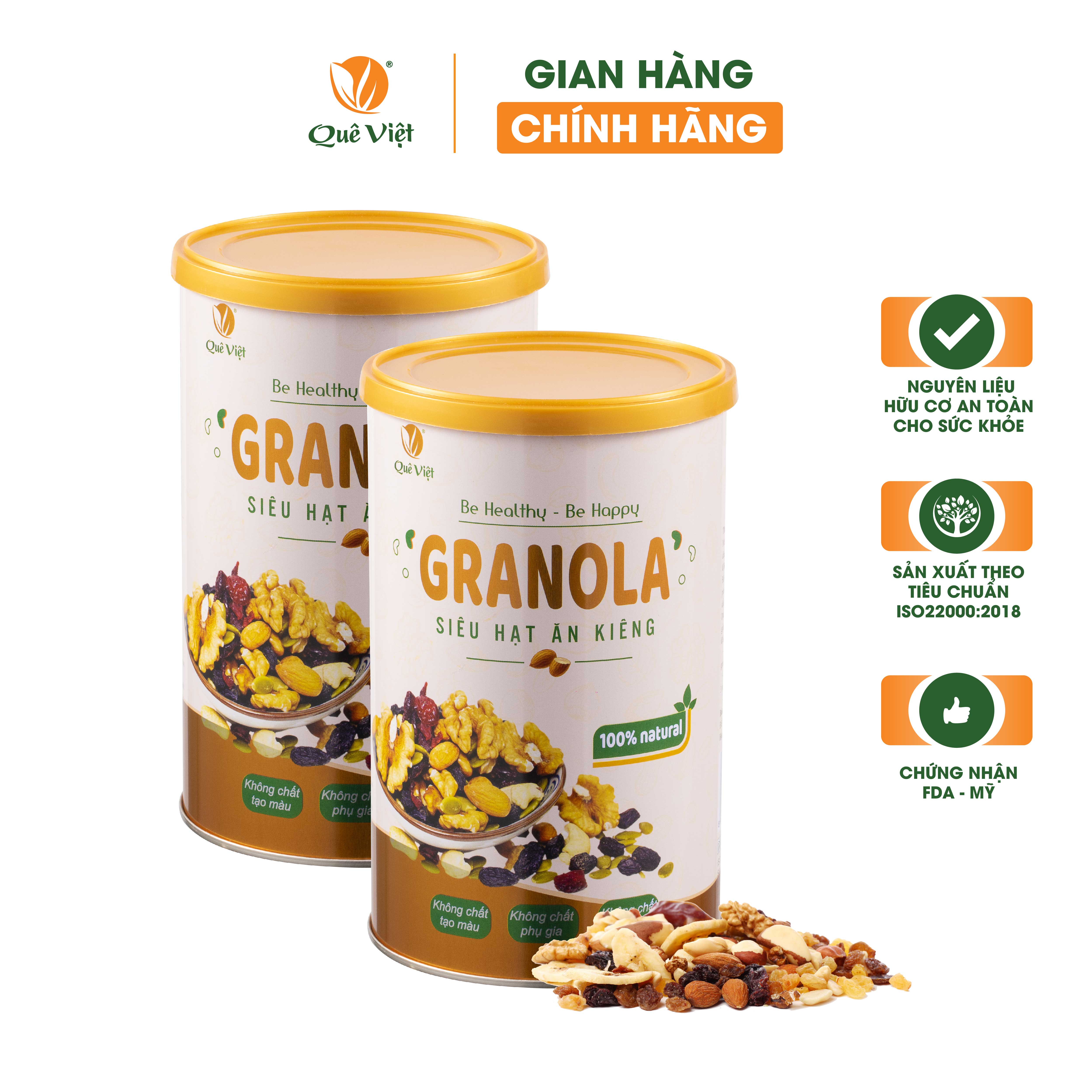 Granola siêu hạt ngũ cốc ăn kiêng Quê Việt, nguyên liệu hữu cơ - combo 2 hộp x 500g/hộp