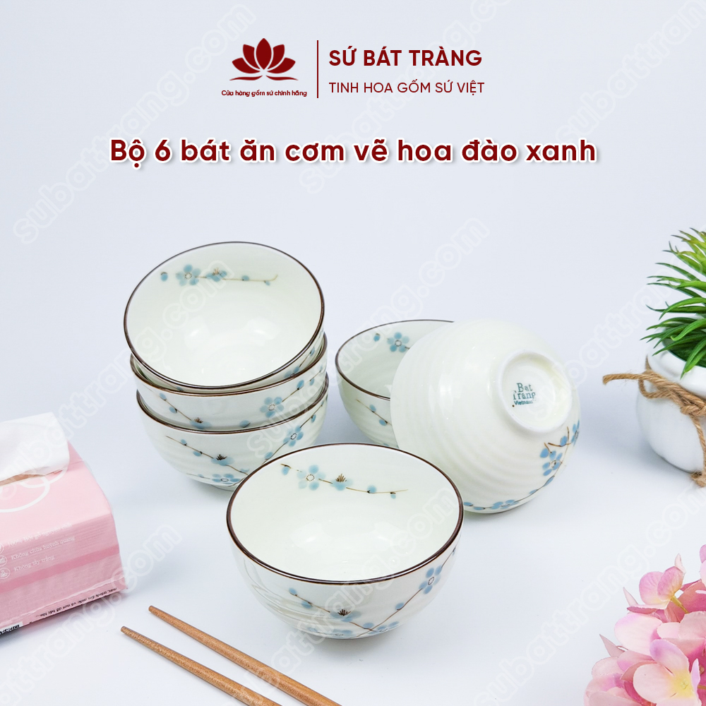 Bộ bát ăn cơm vẽ hoa đào xanh sứ Bát Tràng đẹp - Bộ 10 và 6 bát