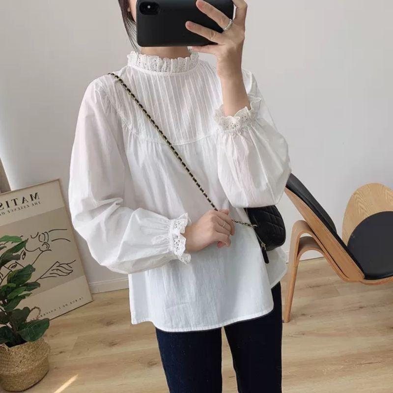 Áo babydoll xếp li ngực cổ ren vintage ảnh thật