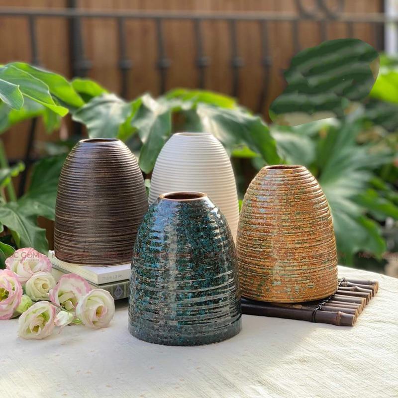 Chuông gốm cắm hoa, bình hoa gốm Bát Tràng men mộc vân Ganh sắc hoa 15cm