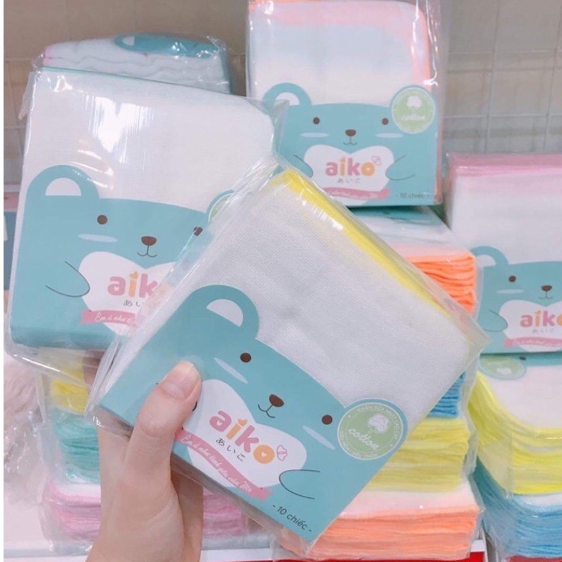 27x25cm - Bịch 10 khăn sữa Aiko cotton viền màu 4 lớp an toàn cho trẻ sơ sinh