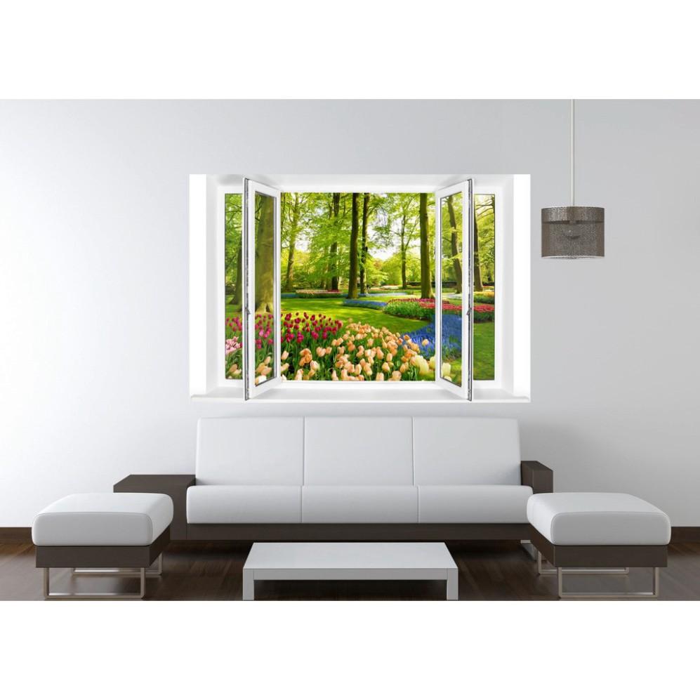 Tranh dán tường cửa sổ 3D cảnh vườn hoa N-0033