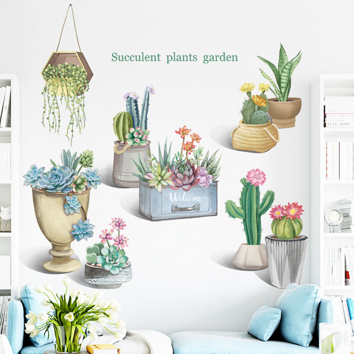 Decal trang trí chất liệu PVC loại 1 dày dặn, sắc nét, trang trí phòng khách,quán cafe- chậu cây xương rồng- mã sp LV08