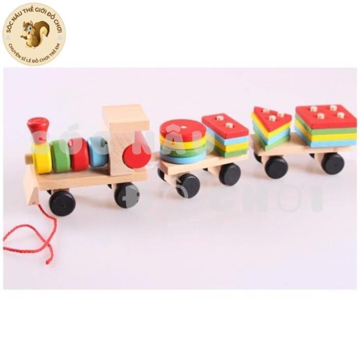 Đồ chơi tàu kéo khối gỗ, xe chở khối thả hình trụ cho bé Thị trấn đồ chơi trẻ em G27