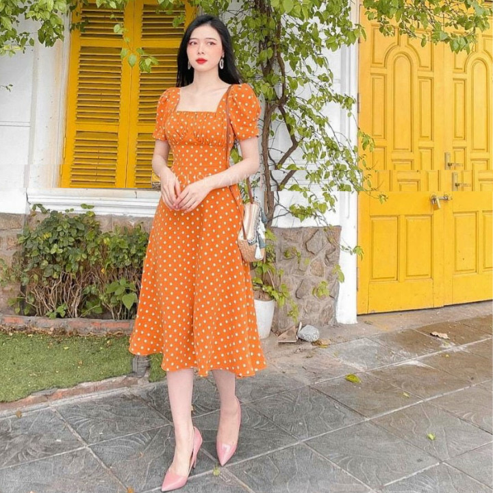 Đầm xòe dài họa tiết chấm bi cổ vuông xinh xắn - có lớp lót kín đáo, nhiều size và màu, thcihs hợp mặc đi làm, dạo phố
