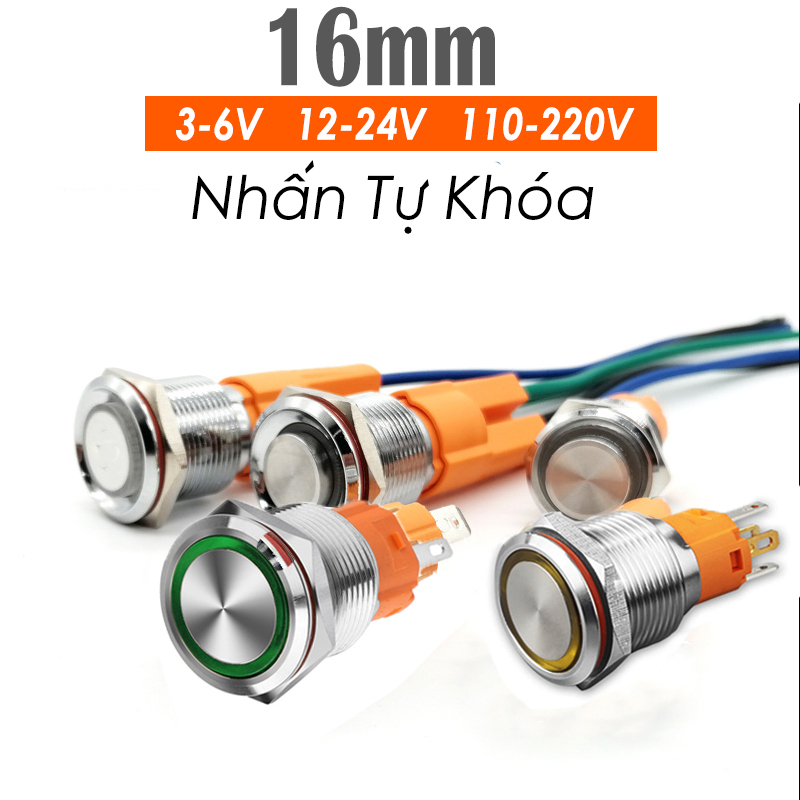 Nút công tắc nhấn nhả tự phục hồi, Nhấn Reset 16mm (3-6V, 12-24V, 110-220V) Vỏ INOX chống nước