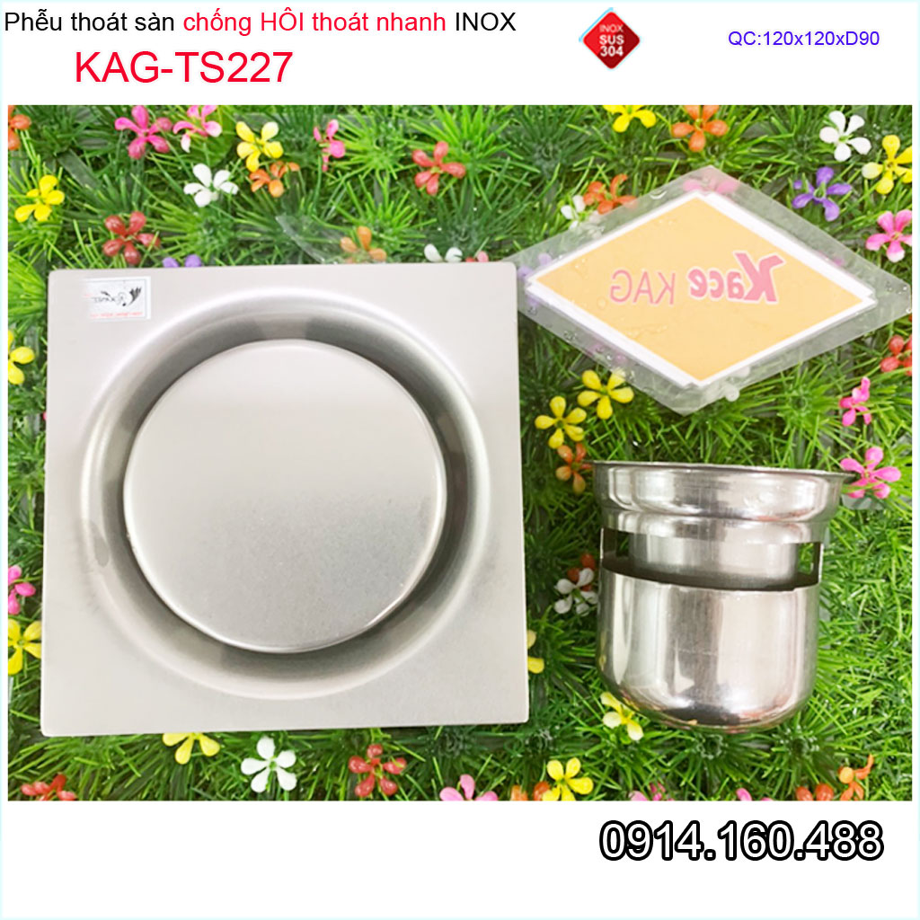 Thoát sàn ban công KAG-TS227 vuông 12x12cm ống D90, thoát sàn vách tắm đứng chống hôi phễu thu nước sang trọng sử dụng tốt