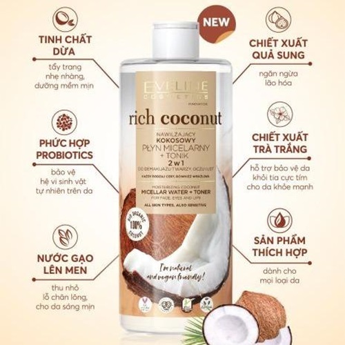 [Deal 99k] Nước tẩy trang Eveline Rich Coconut dưỡng ẩm tinh dầu dừa 2 tác động 500ML