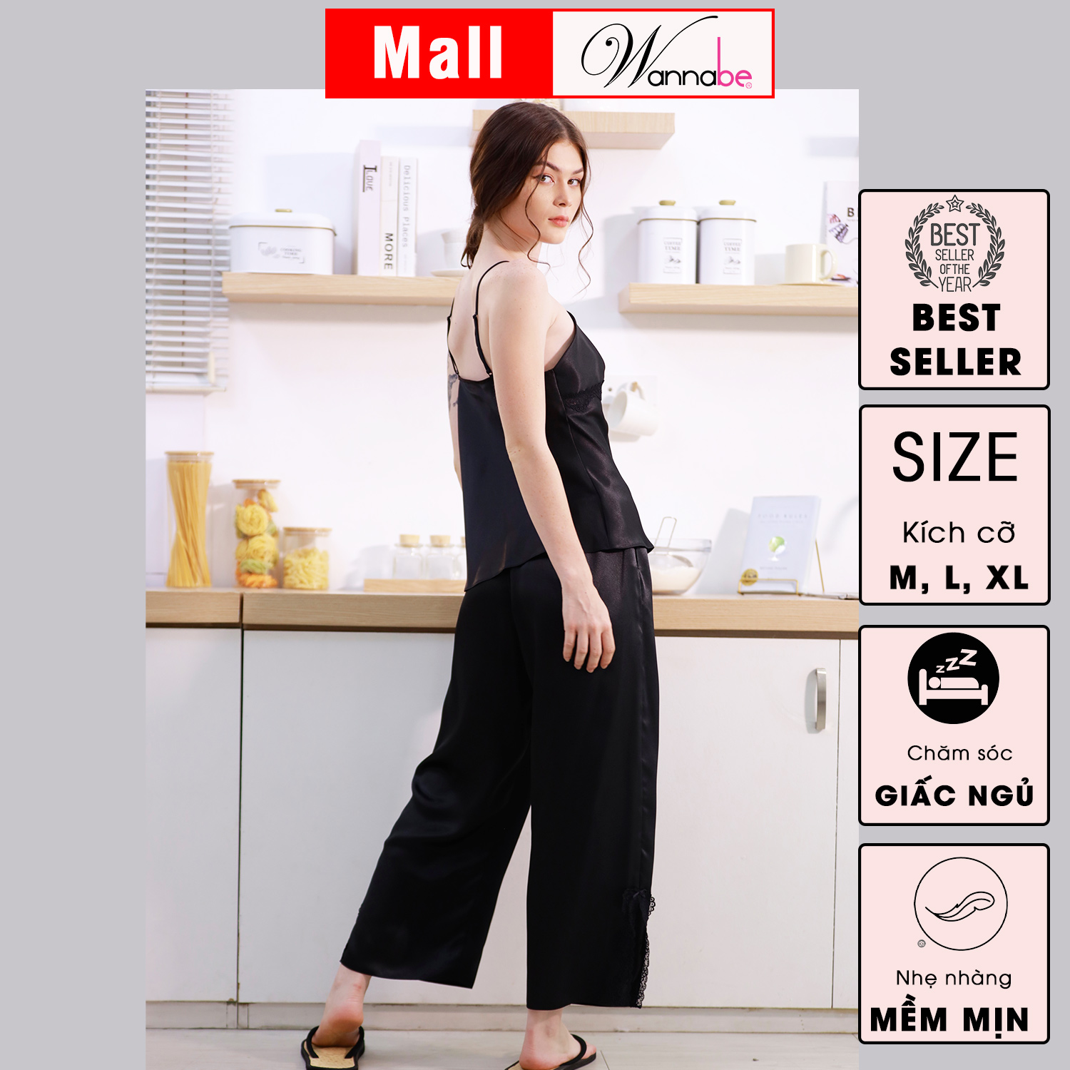 Đồ bộ mặc nhà WANNABE BDS41 đồ bộ quần dài phối áo 2 dây cúp ngực viền ren gợn sóng mang lại vẻ gọn gàng nữ tính