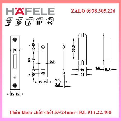 Thân khóa chốt chết 55/24mm= KL Hafele 911.22.490