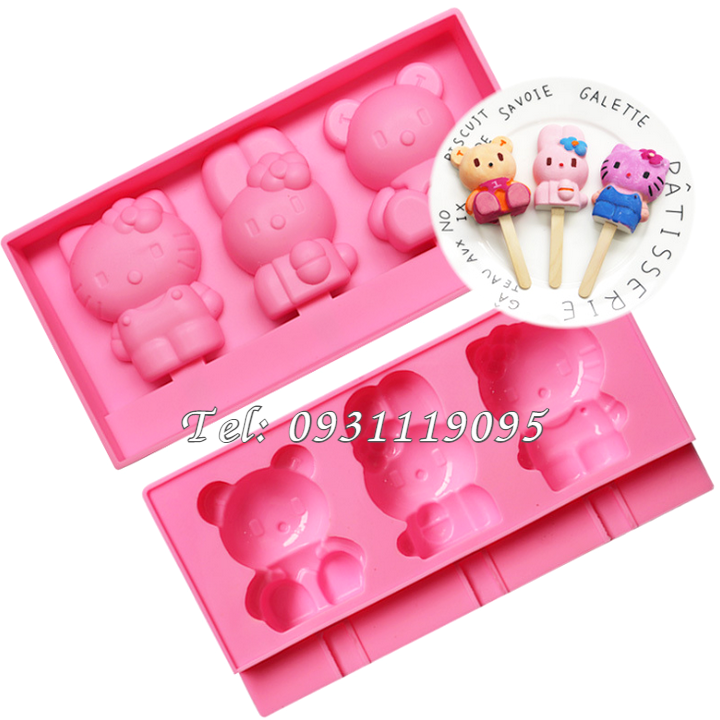 Khuôn silicon làm rau câu, làm kem, socola vĩ 3 con thỏ, mèo Kitty, gấu con – Mã số 1422