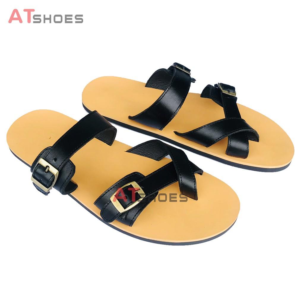 Sandal nam, dép quai ngang, dép nam da bò, không thấm nước, êm chân thoải mái Atshoes QN2M (Đen - Nâu