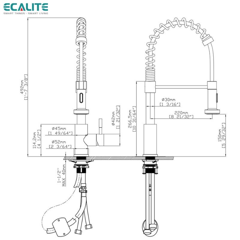 Vòi Rửa Chén Nóng Lạnh Single Control Ecalite EF-K102B - Có Dây Rút - Điều Chỉnh Tia Nước - Đồng Thau Sơn Đen - Hàng Chính Hãng