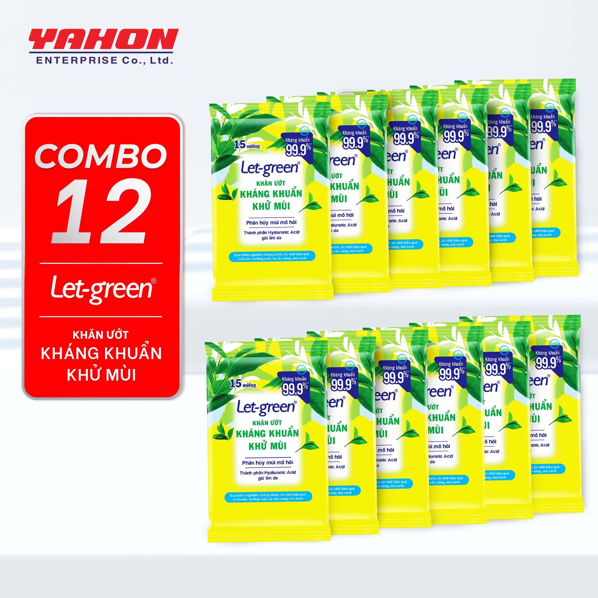 Combo 12 Khăn Ướt Kháng Khuẩn Khử Mùi LET-GREEN, 15 Miếng/Bao