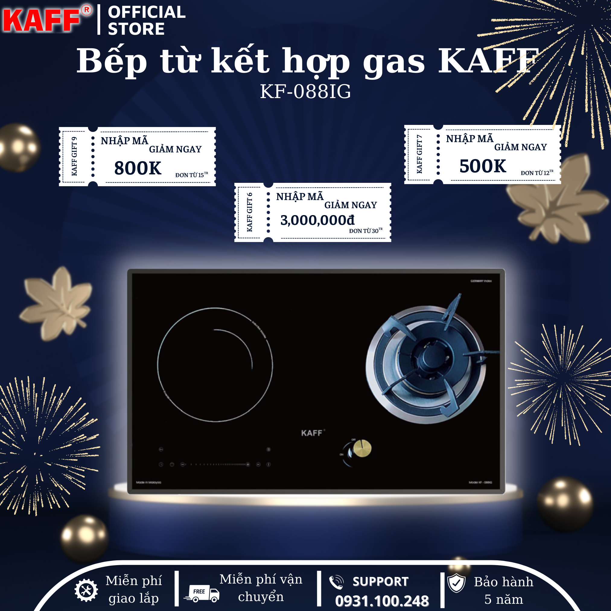 Bếp âm từ kết hợp ga nhập khẩu Malaysia KAFF KF-088IG - Hàng chính hãng