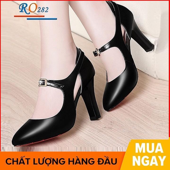 Giày sandal nữ cao gót 7 phân hai màu đen kem hàng hiệu rosata ro282