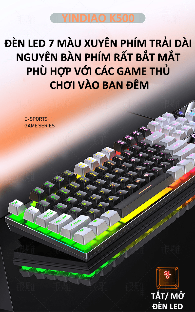 COMBO Bàn phím giả cơ YINDIAO K500 + Chuột G5 đa dạng màu sắc kèm theo đèn led 7 màu xuyên phím dành cho game thủ - HÀNG CHÍNH HÃNG