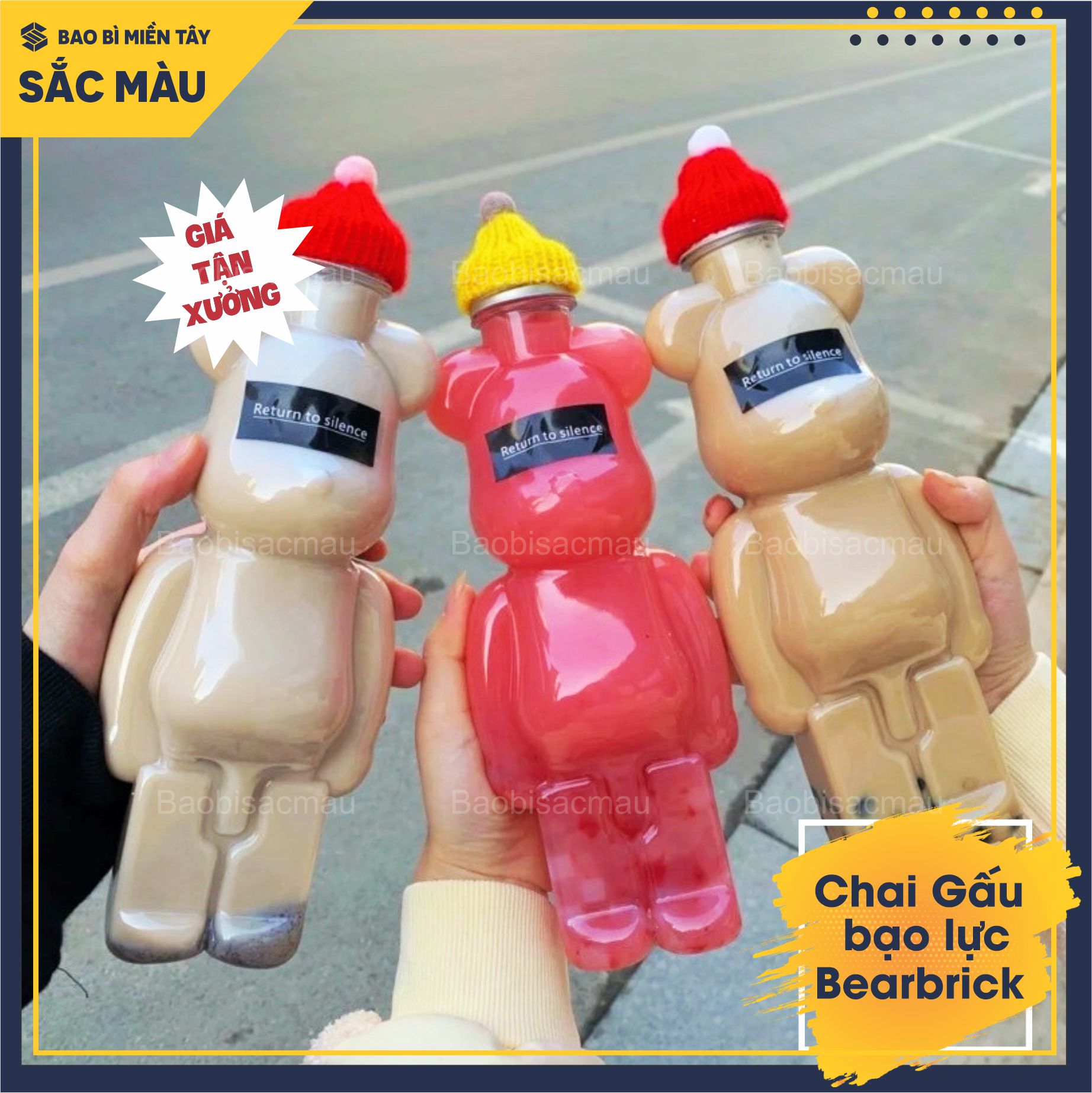 HOT Combo 10 bình nhựa, chai nhựa hình Gấu bạo lực Bearbrick, chai gấu đựng kẹo, chai gấu trà sữa