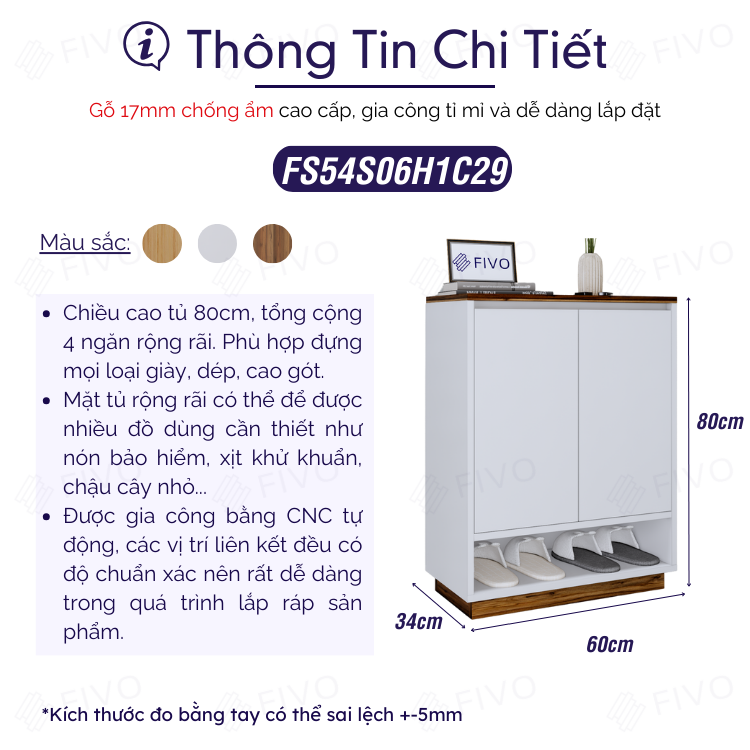 Kệ Để Giày Dép Gỗ Lõi Xanh Chống Ẩm FIVO FS54 Màu Walnut Phối Trắng, Ngăn Tủ Điều Chỉnh Linh Hoạt, Tấm Lưng Thoáng Khí
