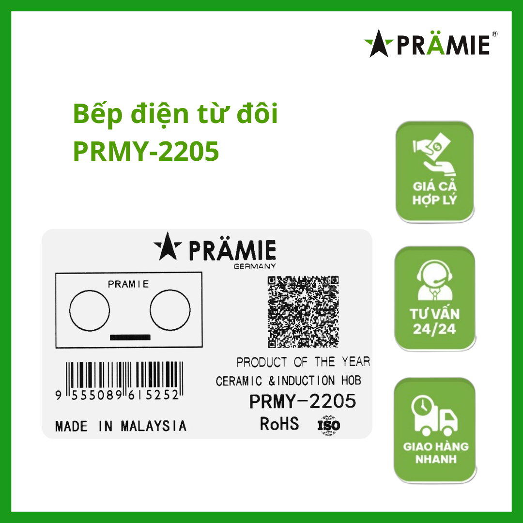 Bếp điện từ đôi ,Pramie PRMY-2205_Hai từ_hàng nhập khẩu Malaysia