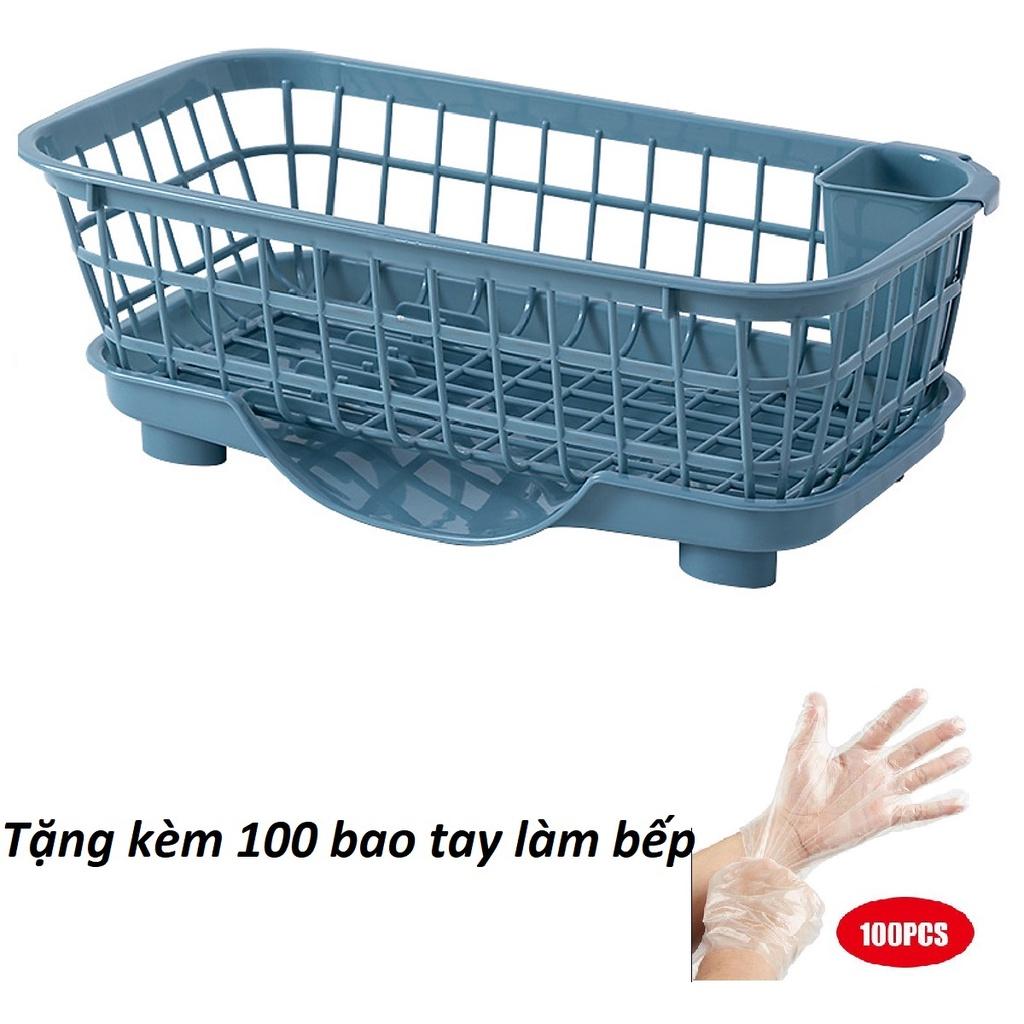 Rổ úp chén có khay hứng nước + tặng kèm 100 bao tay làm bếp