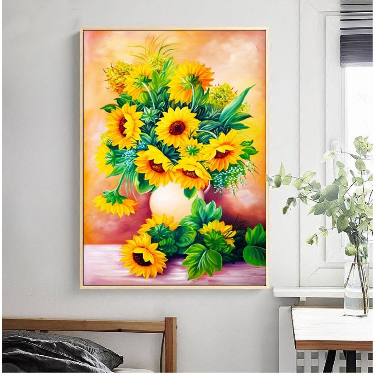 Tranh đính đá Bình hoa hướng dương khoe sắc - chưa đính