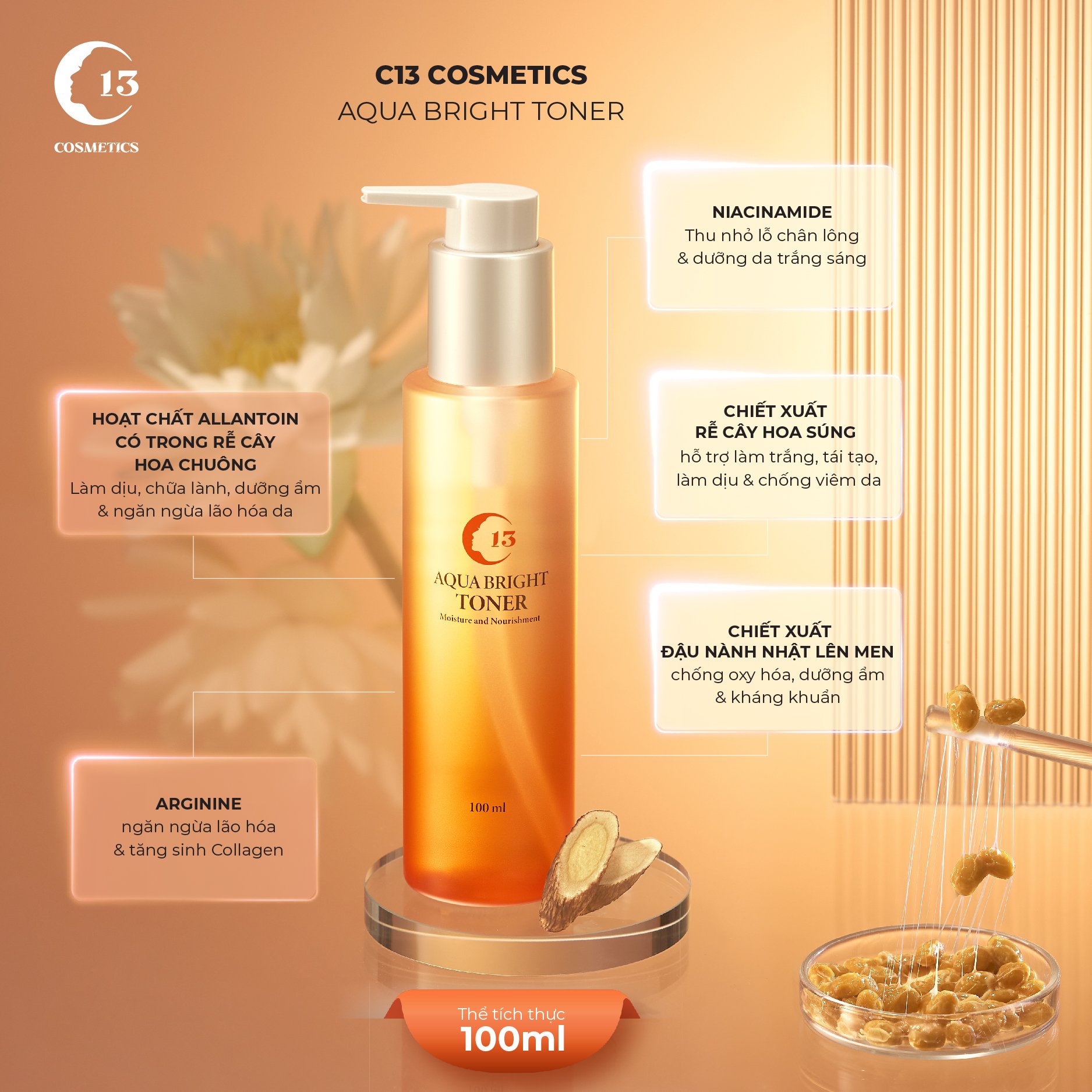 Nước Cân Bằng Se Khít Lỗ Chân Lông, Dưỡng Ẩm Từ Chiết Xuất Đậu Nành Nhật C13 Cosmetics Thu Trang Aqua Bright Toner 100ml