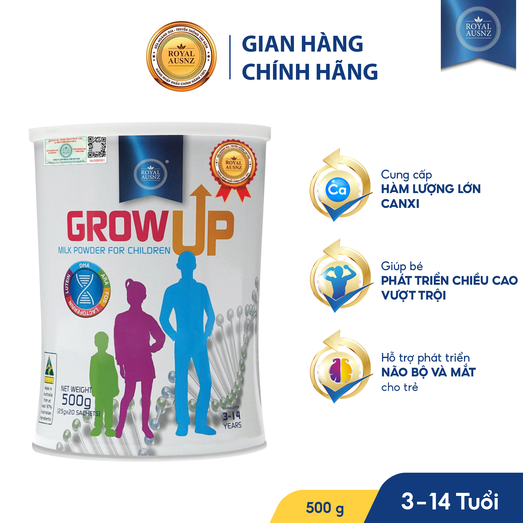 Sữa Bột Hoàng Gia Úc GROW UP MILK POWDER Hỗ Trợ Phát Triển Chiều Cao Cho Trẻ Từ 3-14 Tuổi 500g