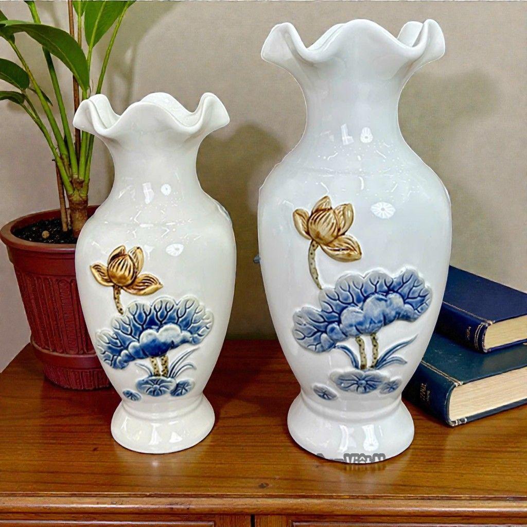 Lọ Lộc Bình Men Trắng Họa Tiết Hoa Sen RỒNG VIỆT - Bình Cắm Hoa Gốm đắp nổi Bát Tràng Thờ Cúng