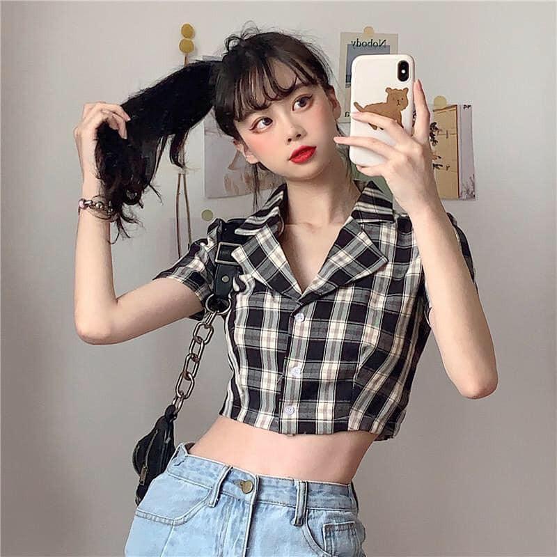 (ảnh thật) áo croptop kẻ caro phong cách hàn quốc