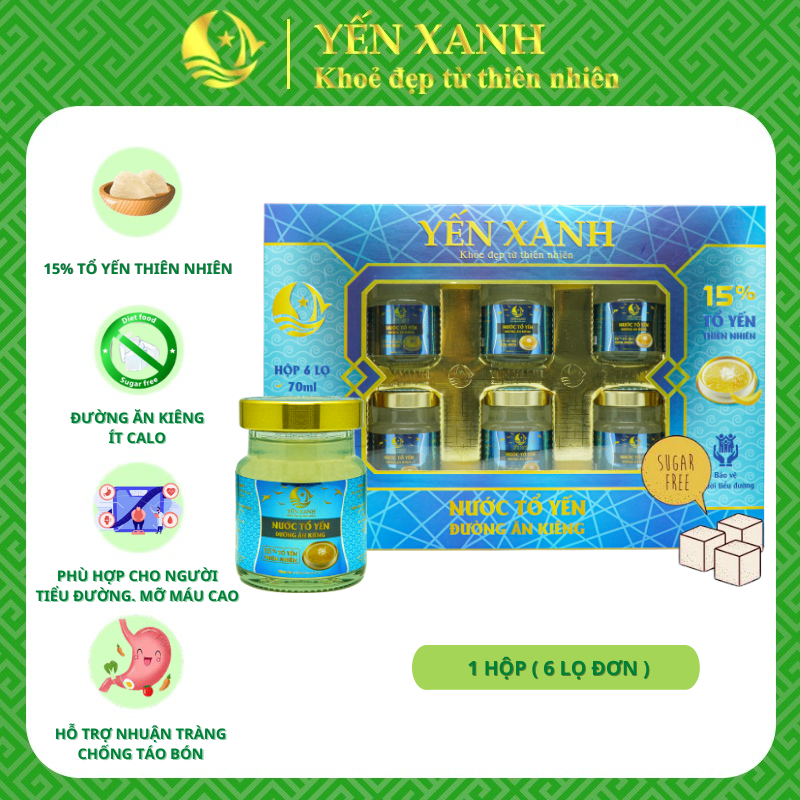 Nước tổ yến đường ăn kiêng - YẾN XANH - Hộp 6 lọ x 70ml tặng kèm túi, tốt cho người bị tiểu đường, người cần ăn kiêng