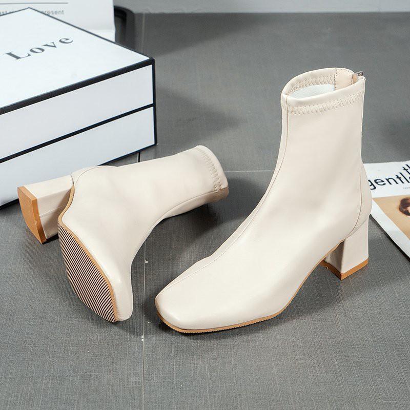 Giày Bốt Da Pu Gót Vừa Phối Khóa Kéo Phía Sau Cá Tính