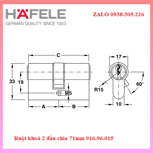 Ruột khoá 2 đầu chìa Hafele 71mm=KL, 5 PINS 916.96.015