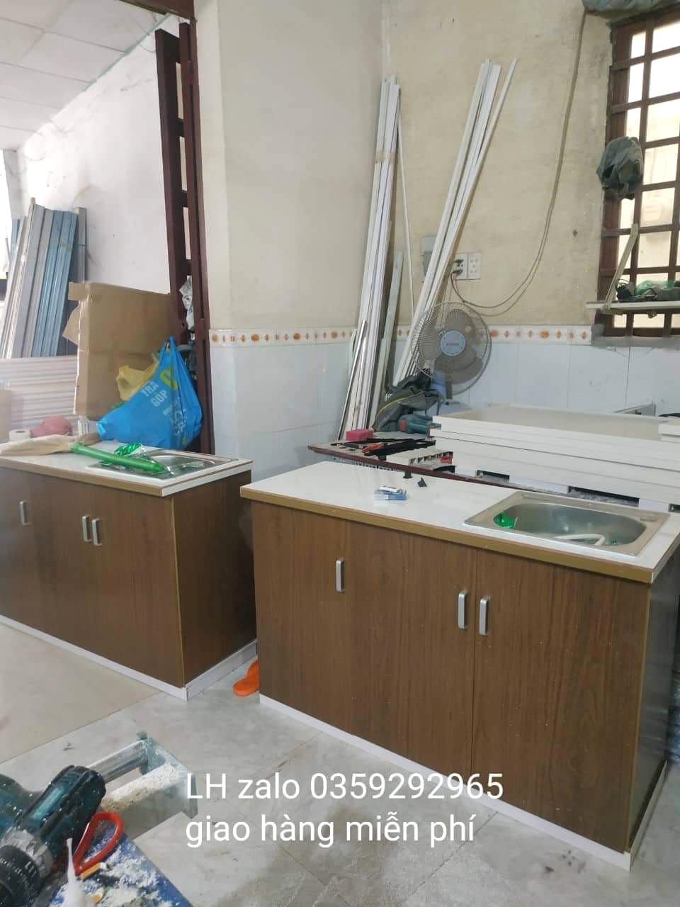 Tủ bếp mini nhựa đài Loan mặt gạch có chậu rửa