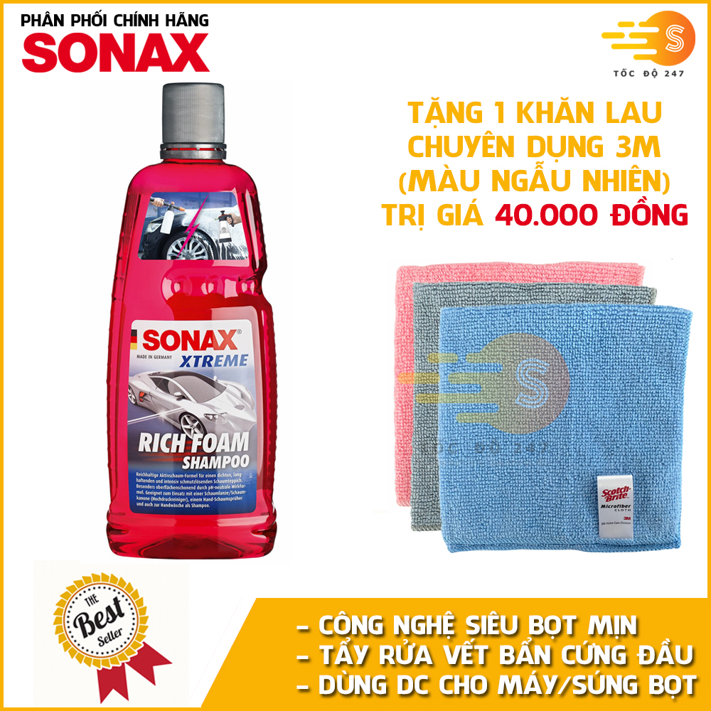 Xà bông rửa xe siêu bọt Rich Foam Shampoo Xtreme Sonax 248300 1lit tặng kèm 1 khăn 3M KL3030 - Dùng được với bình tạo bọt, máy tạo bọt, làm sạch xe nhanh chóng, không làm hỏng bề mặt sơn