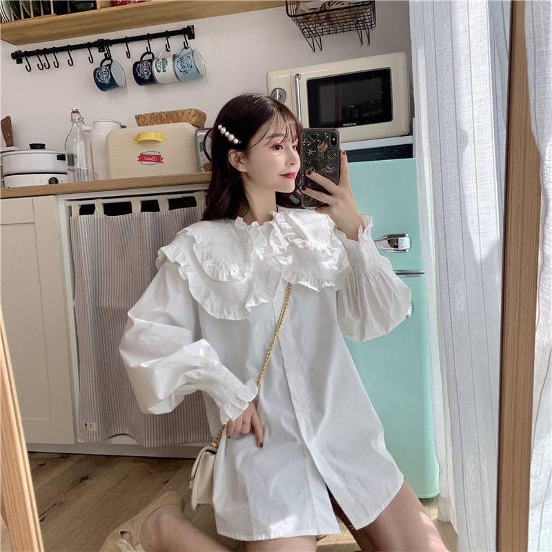 Áo Sơ Mi Trắng Kiểu nữ Công Sở YURITA Dài Tay Bồng Bo Chun From Rộng Cổ Bèo Tầng Tiểu Thư Hàn Quốc UIzzang Vintage