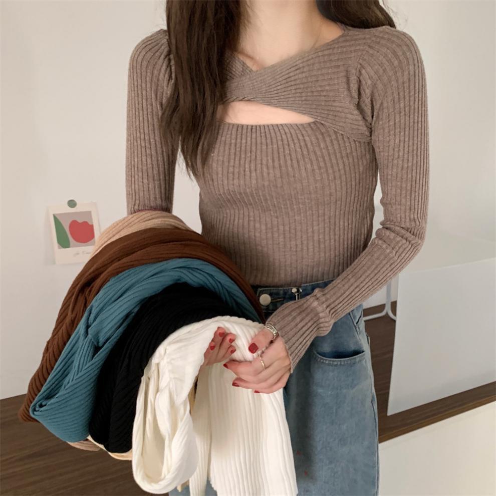 MS981 Áo len nữ xoắn ngực dài tay sexy