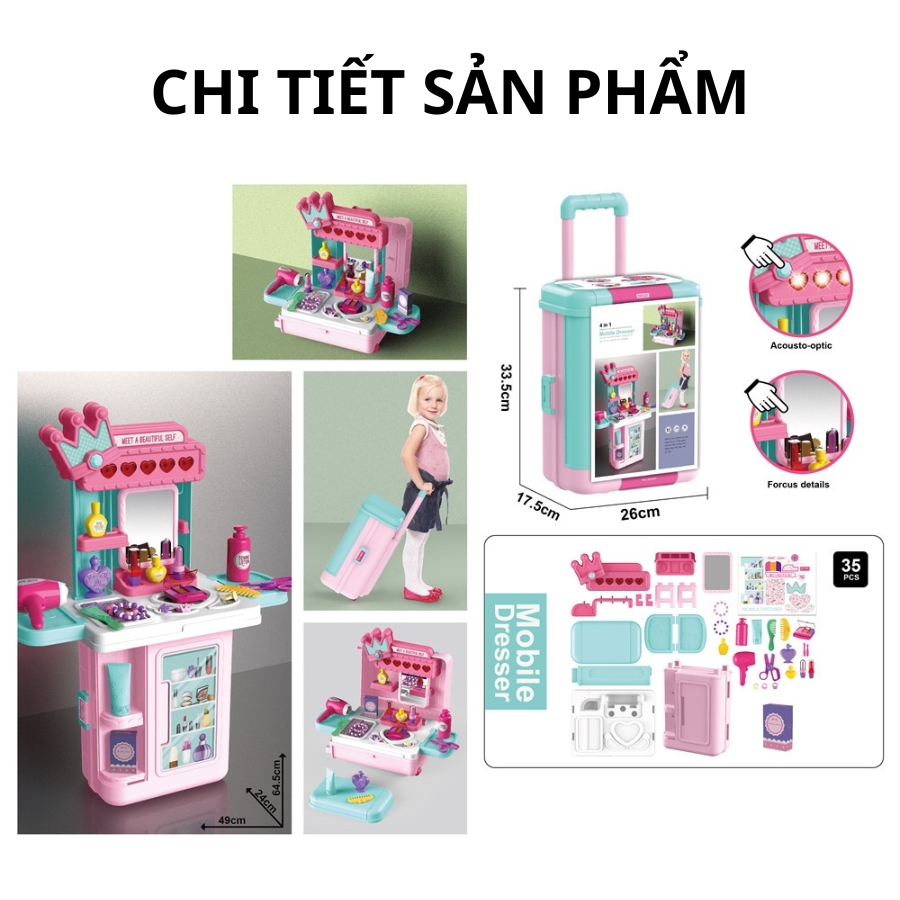 Đồ chơi trang điểm bộ vali đầy đủ phụ kiện cho bé nhập vai thành thợ makeup chăm sóc bản thân, quà tặng sinh nhật