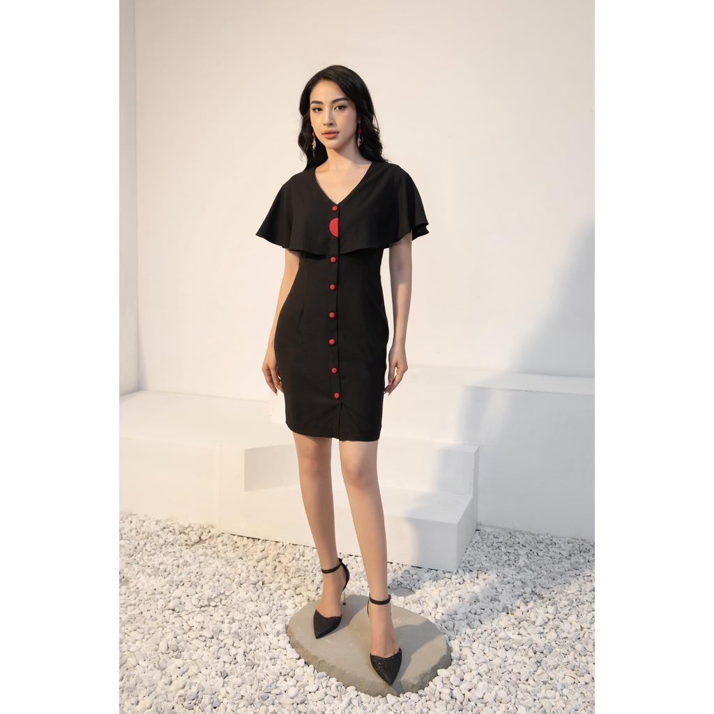 Đầm bodycon phủ vai, dài trên gối, may hai lớp, cúc phối màu tương phản, chất liệu tuytsi lụa đẹp CLARA MARE DRE4022