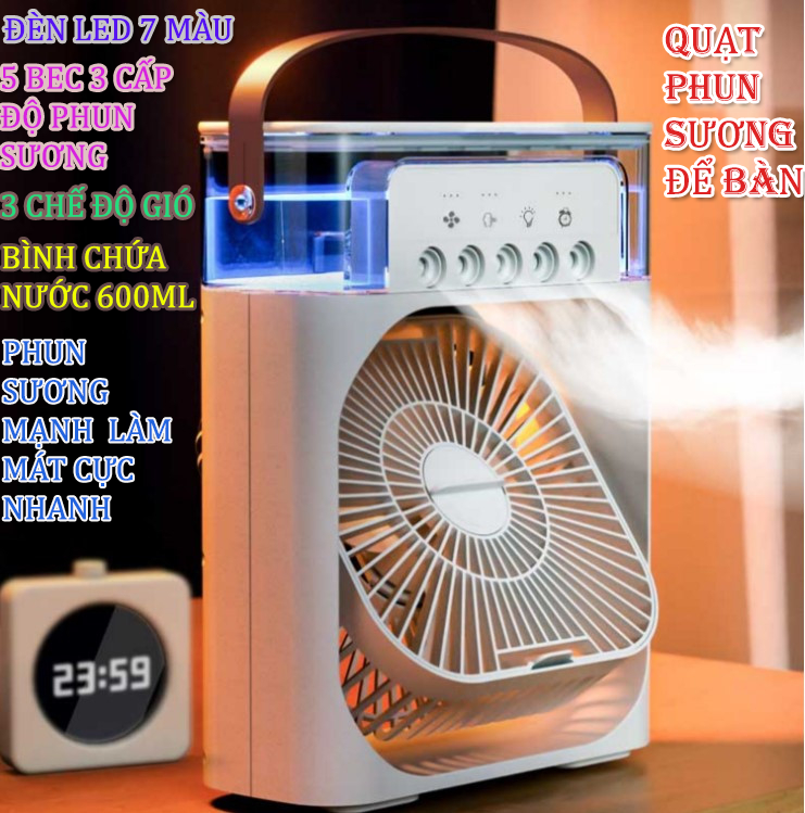 Quạt điều hoà mini, QUẠT PHUN SƯƠNG ĐỂ BÀN 5 BEC - NGUỒN USB 3 chế độ gió dung tích bình chứa nước 600ml tích hợp đèn led - JL