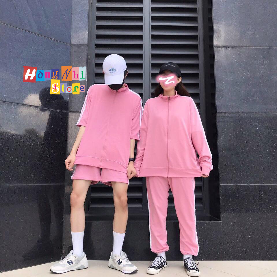 Set Bộ Thể Thao Unisex Áo Khoác Tay Ngắn Quần Lửng Màu Hồng Cao Cấp - MM