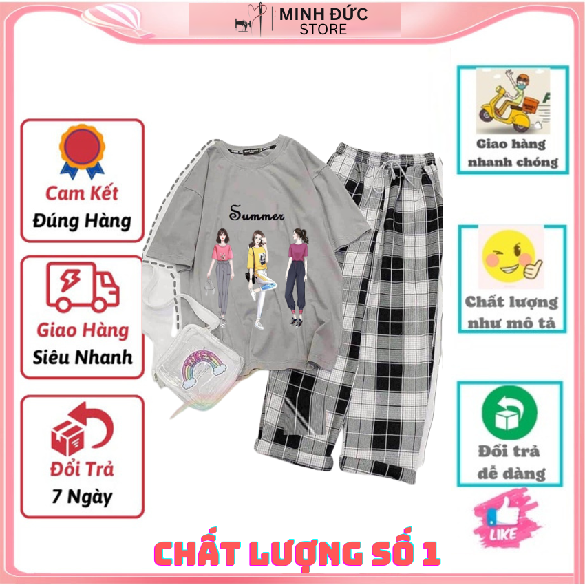 Sét Bộ Nữ SS16, Sét Đồ Nữ Đi Chơi Đẹp In Chữ Mùa Hè , Sét Áo Vải Cotton, Hình In Sắc Nét Và Quần Kẻ Màu Cá Tính