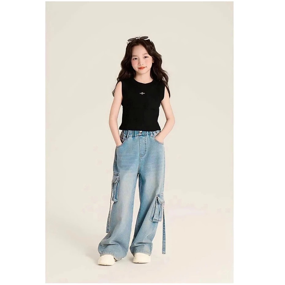 Quần Jean Ống Suông Túi Hộp Dây Bé Gái Phong Cách Hàn, Jean Cotton Mềm Nhẹ – 2 Màu Cá Tính Từ 18-50kg Dành Cho Bé Gái