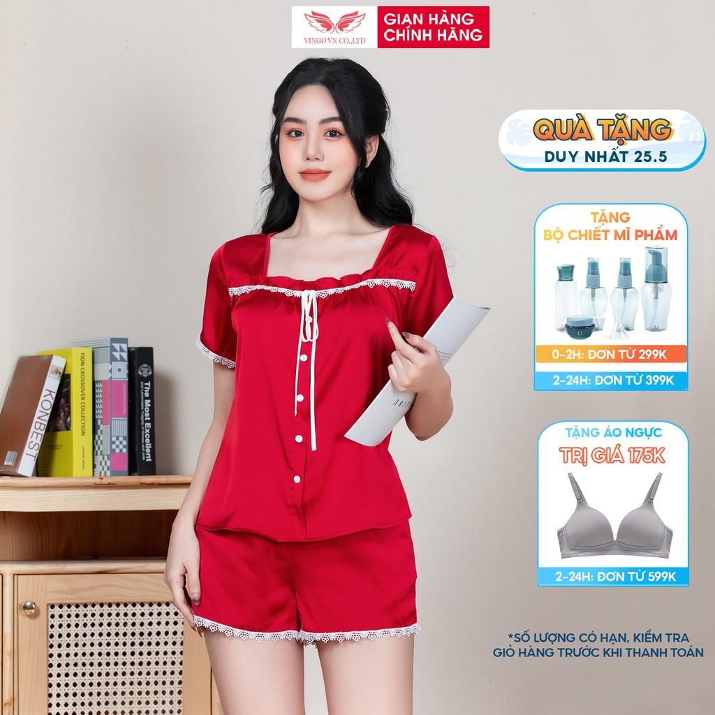 Đồ bộ nữ mặc nhà Pijama VINGO lụa Pháp cap cấp tay ngắn quần đùi có ren và nơ trước ngực trẻ trung mặc mùa Hè H773 VNGO