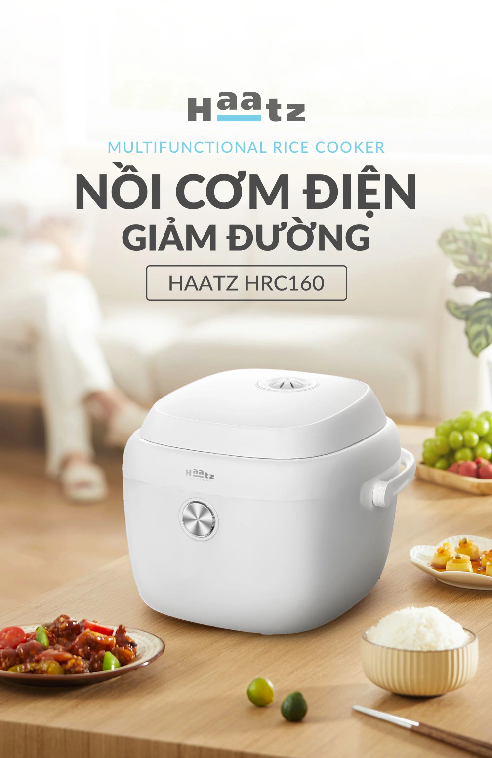 Nồi Cơm Điện Giảm Đường Đa Năng 1,6L Haatz HRC160 Lòng Nồi inox316 Bảng Điều Khiển Oled - Hàng Chính Hãng