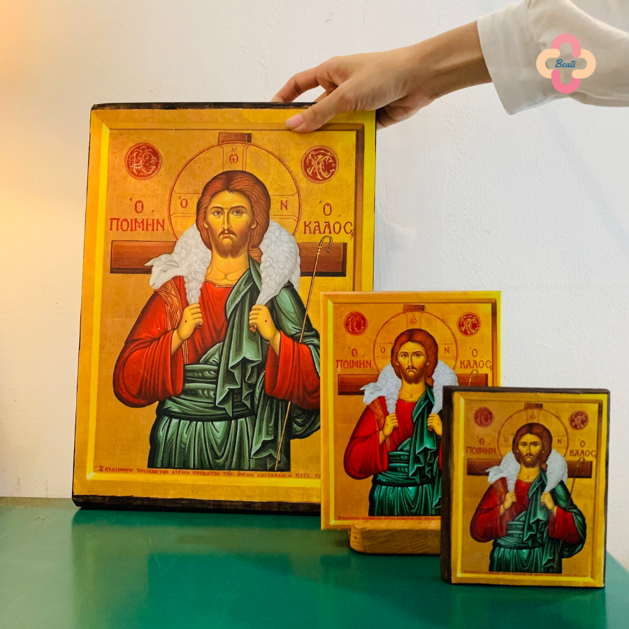 Tranh Gỗ Chúa Chiên Lành Beati - Tranh Công Giáo Thủ Công Màu Rustic / Icon of the Christ the Good Shepherd