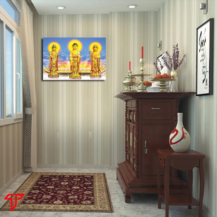 Tranh treo tường cán gỗ MDF cao cấp treo tường mẫu tam thánh, phật adida, Tranh Phật Giáo Tam Thánh 405