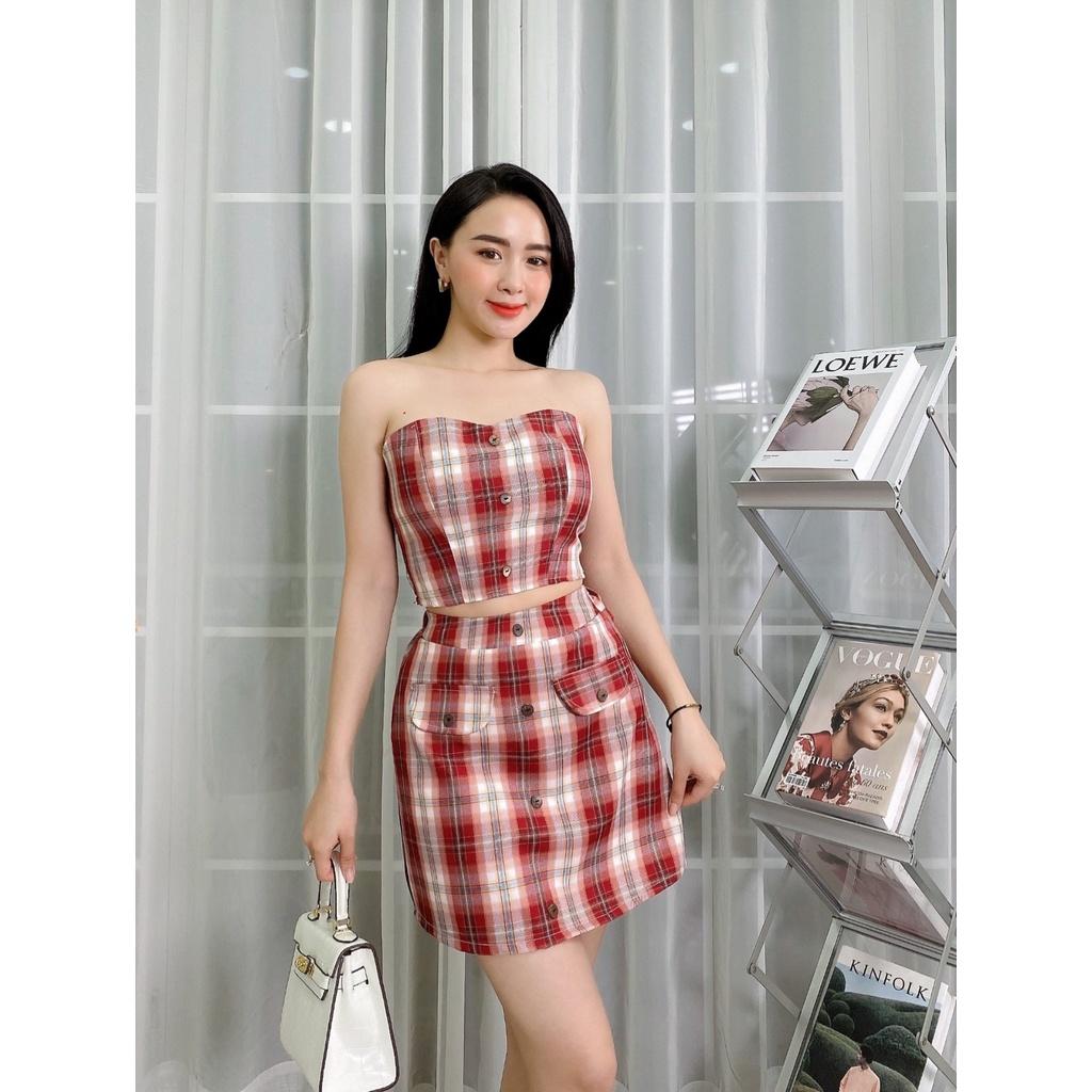 Set áo croptop cúp ngực và chân váy chữ A sọc caro vải cotton co giãn - HMN Fashion