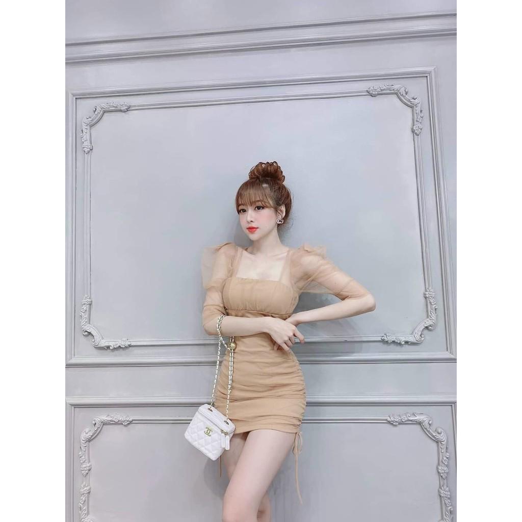 Đầm body rút dây hai bên hông tay phối lưới