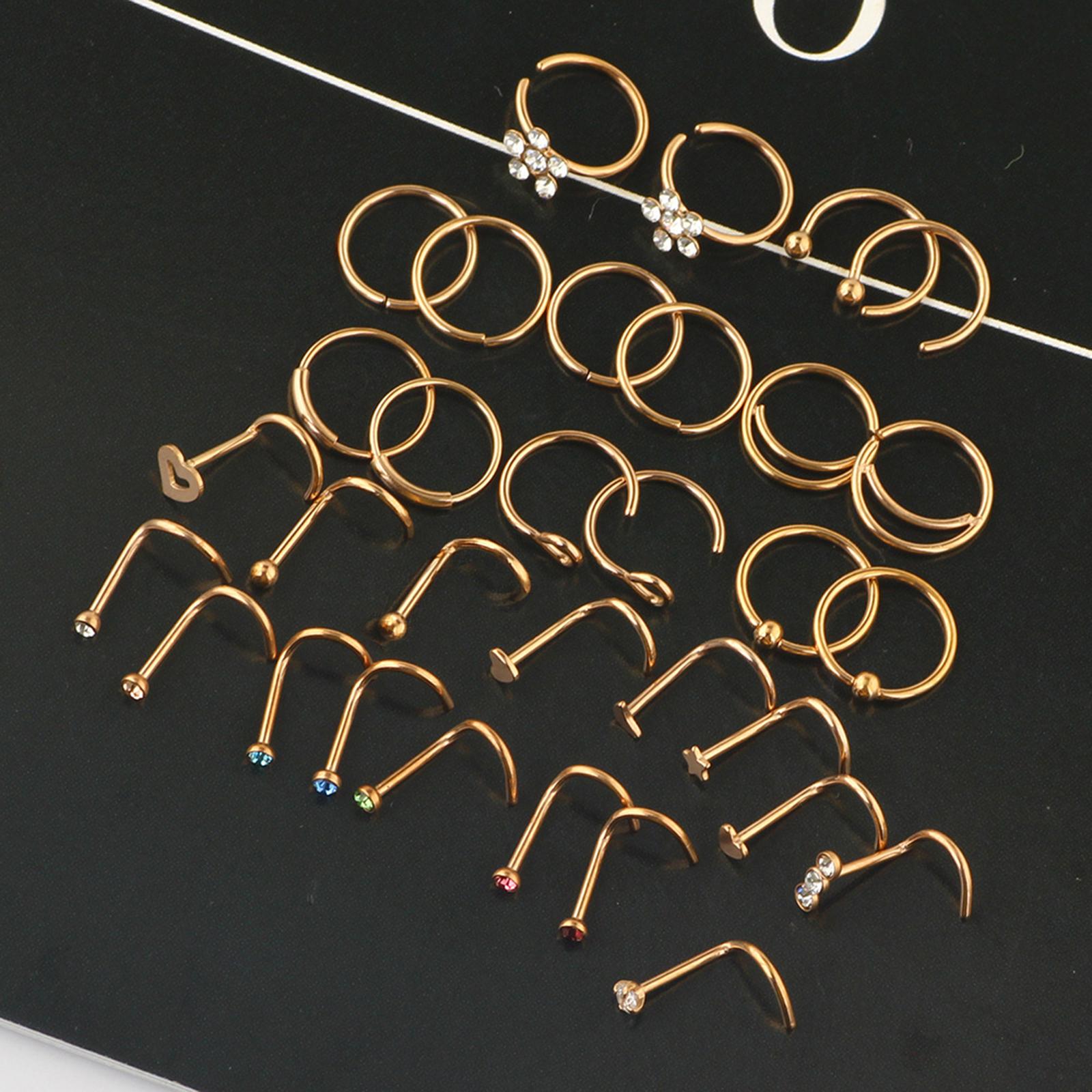 32 Pcs 20G Nose Ring Hoop Stainless Steel Nose Studs L-Shaped Nostril Hoops Piercing Jewelry Set for Women Men Girls